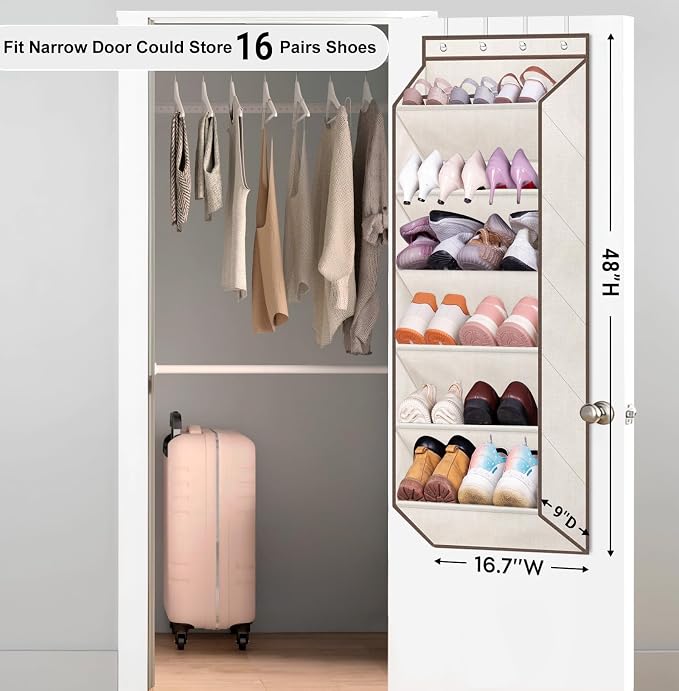 SLEEPING LAMB Over The Door Shoe Organizer for Closet with Large Deep Pockets, Narrow Shoe Rack for Door Hanging Boots Storage, Beige - Image 2