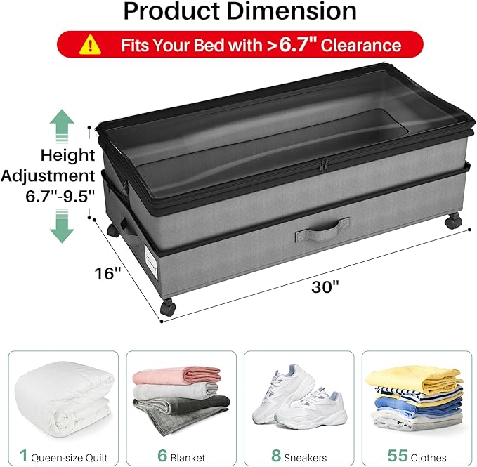 Kitstorack 4 Pack Height-adjustable Under Bed Storage with Wheels, Under Bed Storage Containers,Under Bed Shoe Storage Organizer with Clear Window&Label, Suitable for Clothes Storage, Gray - Image 2
