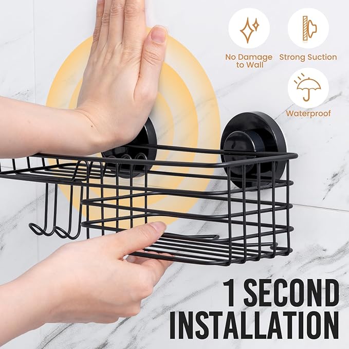 LEVERLOC Shower Caddy Suction Cup, 2 Pack Suction Shower Shelf With Hooks - Image 2