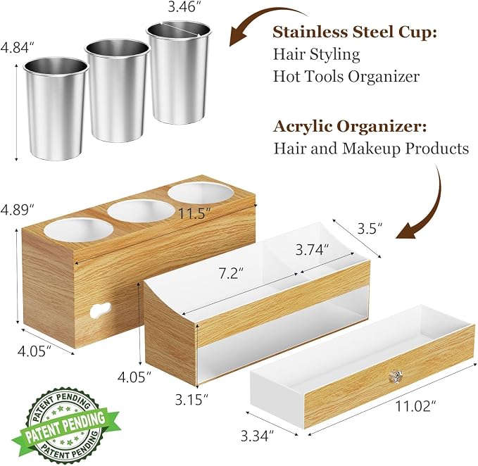 GFWARE Hot Hair Styling Tool Organizer with Drawer & 3 Cooling Cups, Wood - Image 7