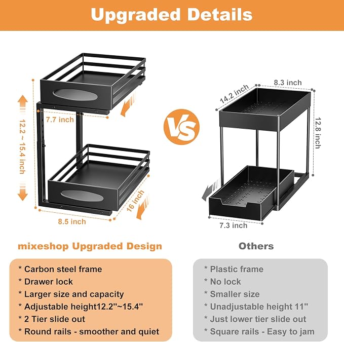 mixeshop Under Sink Organizer, 2 Tier Under Sink Organizers and Storage, Adjustable Height, Slide out Metal Cabinet Organizers, Pull out Cabinet Storage Drawer Shelf for Kitchen Bathroom (Black, 2) - Image 5