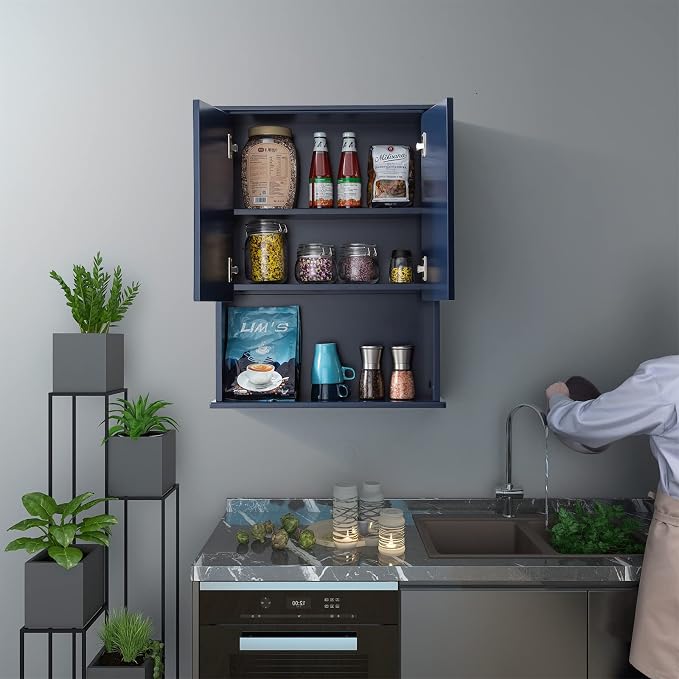 VANIRROR Navy Blue Bathroom Cabinet Wall Mounted W/ 2 Door Adjustable Shelf - Image 2