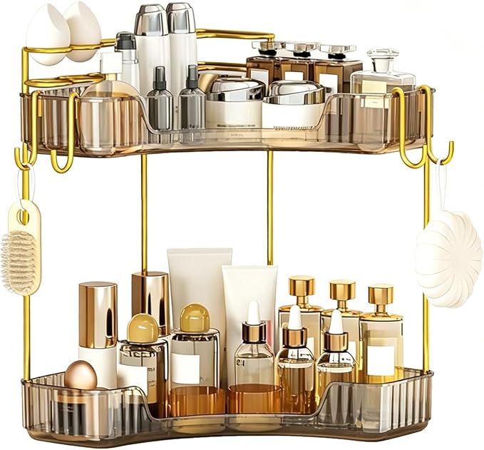 2-Tier Corner Bathroom Counter Organizer，Makeup & Skincare Shelf with Built-in Brush Holder，Space-Saving Bathroom Countertop Organizer for Skincare, Perfume, Cosmetics(Amber) by GREENBY