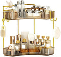 2-Tier Corner Bathroom Counter Organizer，Makeup & Skincare Shelf with Built-in Brush Holder，Space-Saving Bathroom Countertop Organizer for Skincare, Perfume, Cosmetics(Amber) by GREENBY