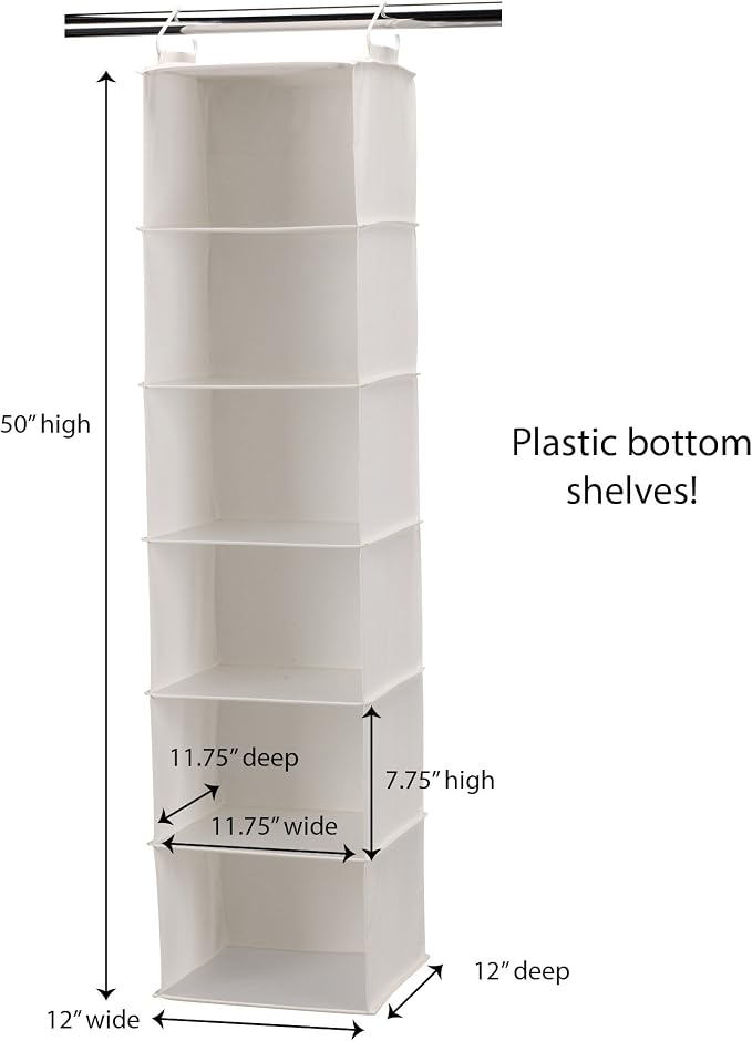 Household Essentials 6‑Shelf Hanging Closet Organizer in Soft Blended Canvas with Durable Plastic Shelving and Dual Wire Hooks, Cream - Image 3