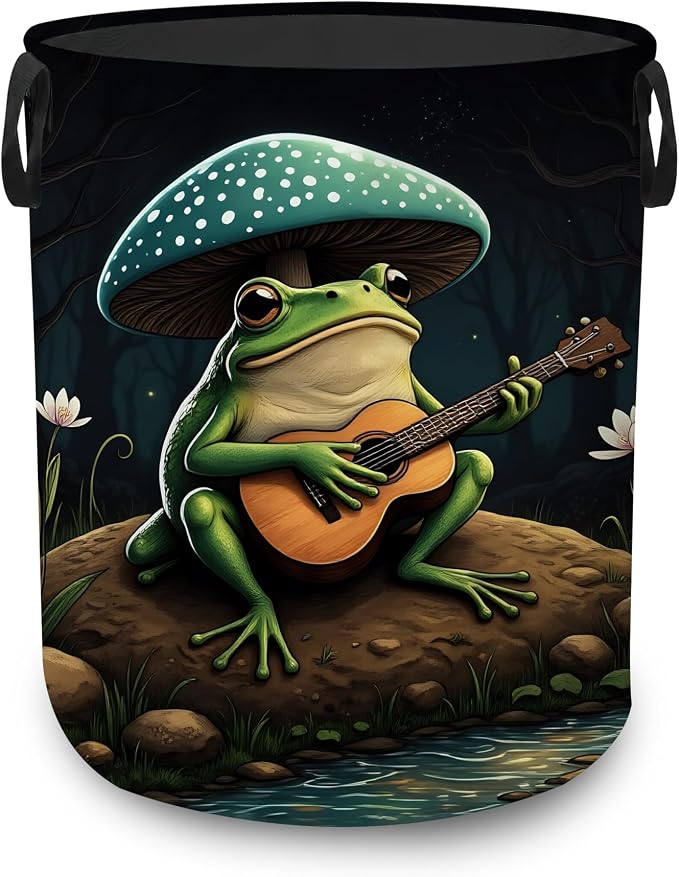 Frog Guitar Dirty Clothes Hamper,Foldable Laundry Basket with Handles,Mushroom Forest Waterproof Oxford Cloth Storage Bin for Bedroom Bathroom Nursery,16 x 20 Inch by UIUPRO