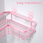 YASONIC Corner Adhesive Shower Caddy, with Soap Holder and 12 Hooks, Rustproof Stainless Steel Bathroom Organizer, No Drilling Wall Mounted Rack, Pink, 3-Pack - Image 6