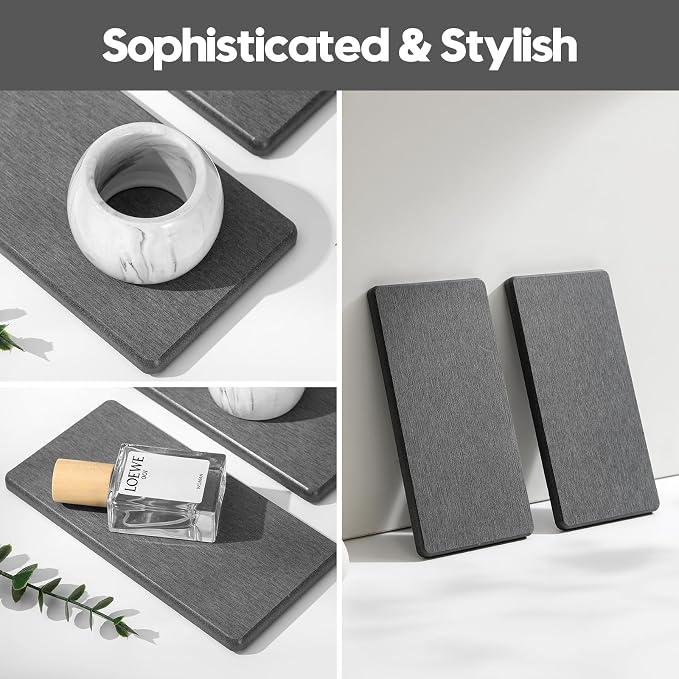 2PCS 7" x 3.5" Water Absorbing Bathroom Sink Vanity Trays, Diatomite Stone Quick Drying Mat for Kitchen Counter, Dish Rack Dispensers Sponge Holder Caddy Organizer, Dark Gray, 7"x3.5" - Image 6
