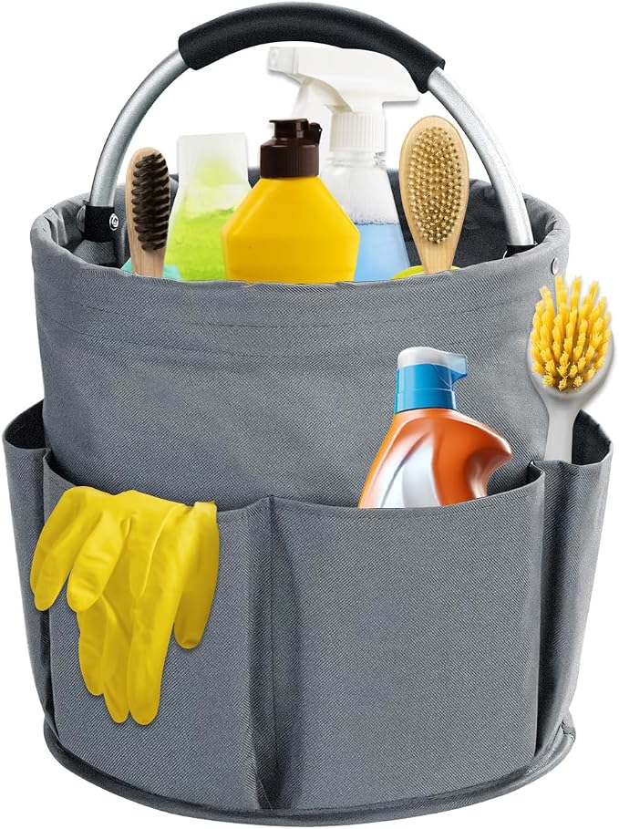 17L Cleaning Caddy with Handle, Cleaning Supplies Organizer, Foldable Storage Basket, Cleaning Supply Caddy, Portable Multi Cleaning Bucket Bag for Home, Garden (Grey) by Unknown