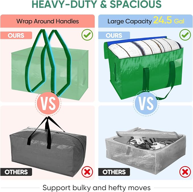 BALEINE 4-Pack Oversized Moving Bags with Reinforced Handles, Heavy-Duty Storage Tote for Clothes, Moving Supplies (Light Green, 4-Pack) - Image 4