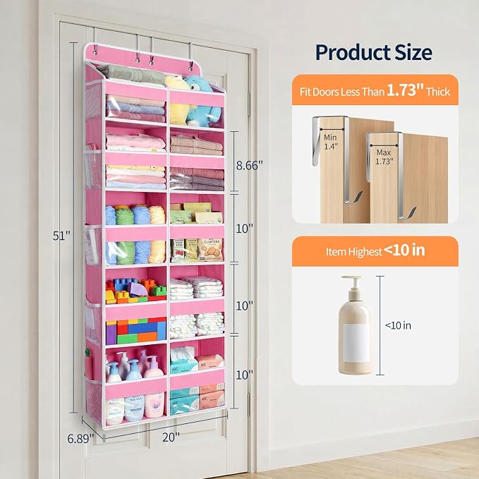 Yecaye 5 Tier Over The Door Organizer, 10 Compartments Large Door Storage | 20" W, Extra Large Behind Door Storage With 12 Side Pockets, 80lbs Heavy Duty, Clear Window, for Closet Bedroom Pantry, Pink - Image 2