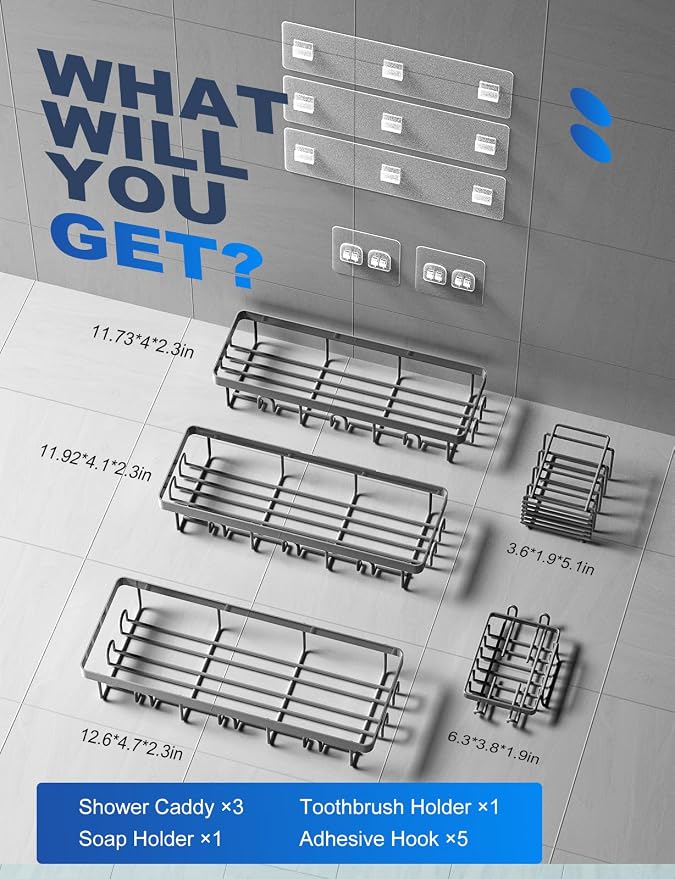 GVY Shower Caddy 5 Pack, Adhesive Shower Organizer Bathroom Shelves,Rustproof Bathroom Organizers and Storage for Home Decor, No Drilling Shower Shelves for Apartment Essentials - Image 6