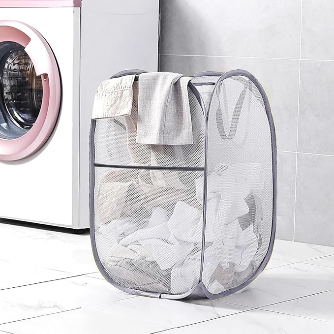 Larpur Popup Mesh Laundry Basket, Collapsible Laundry Hamper Portable Clothes Washing Laundry Hamper with Reinforced Carry Handles for Home, Dormitories, Travel, Apartments (Grey) - Image 3