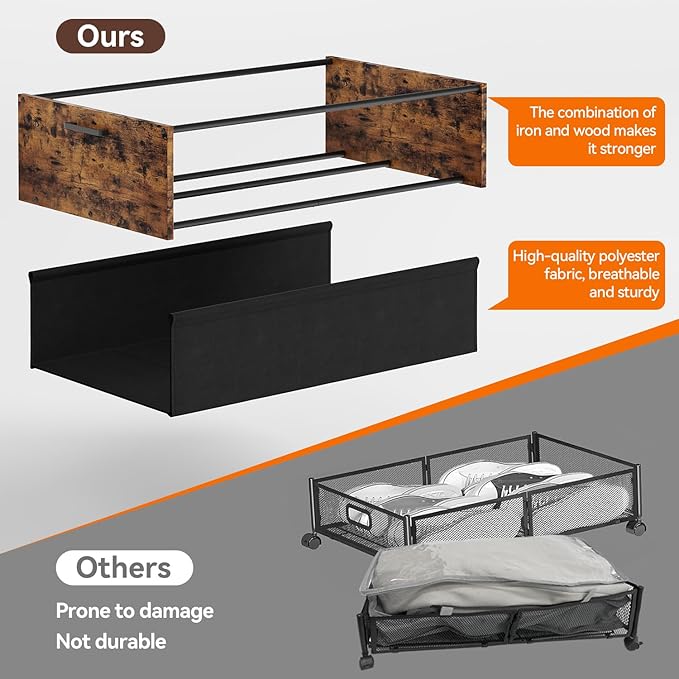 FOUCSSOMEI Under Bed Storage with Wheels, Wooden Under Bed Drawers On Wheels, Rolling Under Bed Shoe Storage, Space Saving, Rustic Brown,90L - Image 5