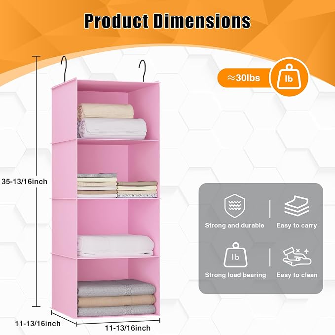 Hanging Closet Organizer 4-Shelf, Oxford Fabric Wardrobe Storage, Pink | Easy-mount foldable design holds clothes, handbags, shoes & accessories; washable Oxford fabric, sturdy and space-saving. - Image 3
