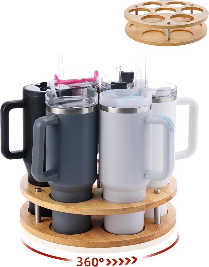 Rotating Wood Tumbler Organizer, 30 oz 40 oz Spinning Turnable Tumblers Holder, 360° Rotatable 7 Large Cups Bottle Tumbler Storage Display Stand, Rotate Syrup Organizer for Cabinet Countertop by FAITIO
