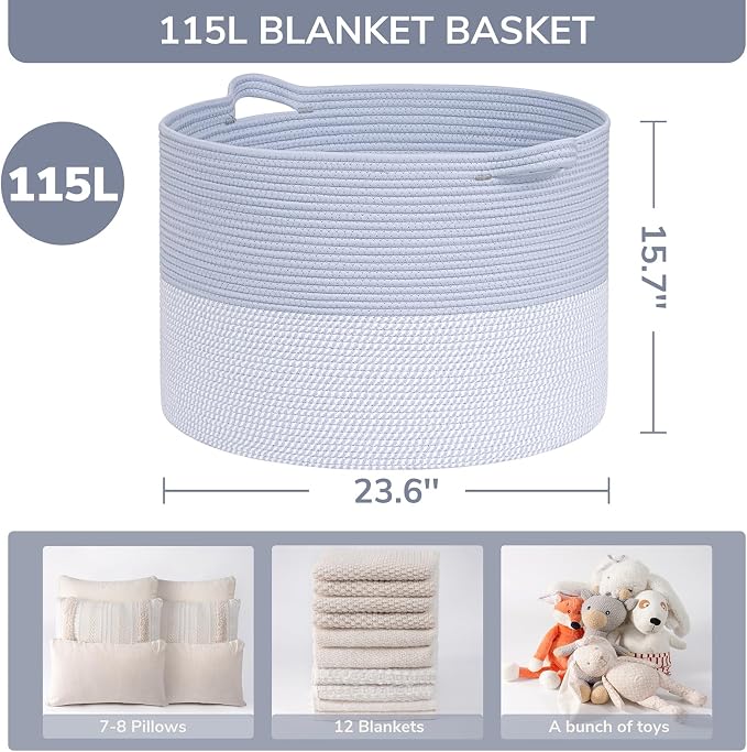 INDRESSME 115L Extra Large Woven Rope Blanket Basket Living Room Blue - Image 2