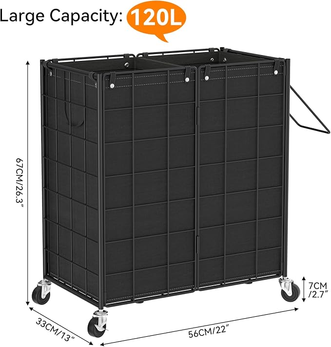 WOWLIVE Double Laundry Hamper with Wheels, Metal Rolling Laundry Basket - Image 4