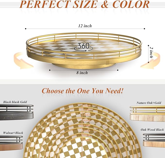 AMH 12-Inch Gold and White Checkerboard Lazy Susan with Metal Rail - Image 6