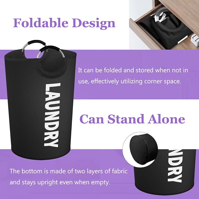 Set of 2 Collapsible Laundry Basket 125L, Tall Laundry Hamper with Comfort Handle, Freestanding Storage Bin for Family, Apartments, Dorm,Black + Navy Blue - Image 2