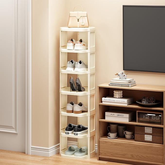 Kitstorack Vertical Shoe Rack: 5 Tiers Stackable Shoe Rack for Closet DIY Free Standing Shoe Organizer Small Shoe Shelf for Small Spaces and Narrow Spaces Plastic, White - Image 2