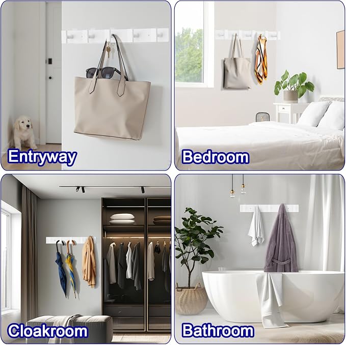 Bntuk Coat Rack Wall Mount - 5 Hat and Coat Hooks, Heavy Duty Towel Racks for Bathroom Entryway, Wall Hooks for Hanging Robes Bags, Hat Rack Key Hanger Organizer (White) - Image 7