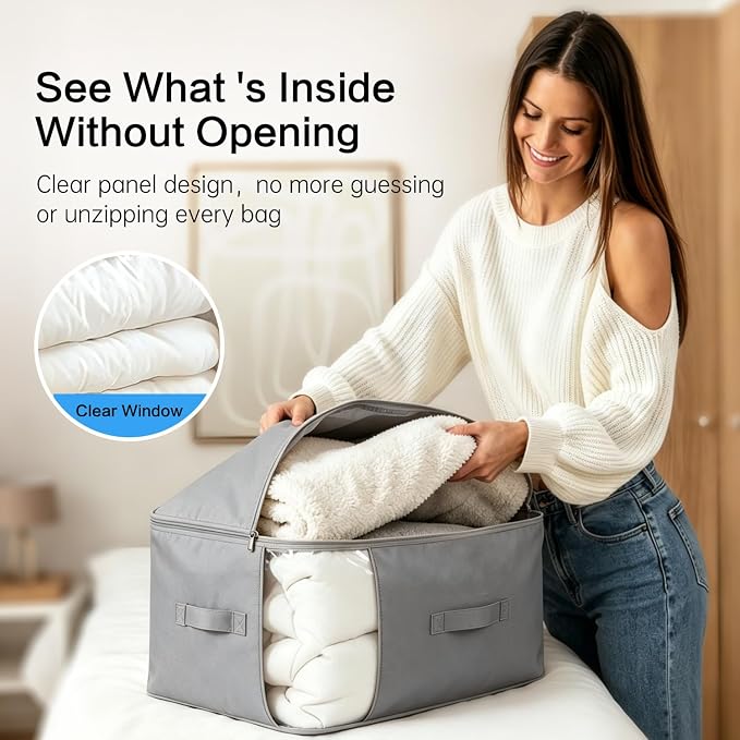 Comforter Storage Bag, Large Capacity Blanket Storage Bags 2-Layer Ultra Space Saving Self Compression Organizer, Heavy Duty Space Saver Organizer for Bedding, Clothes, Blanket, 2-Pack, Gray - Image 5