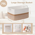 Goodpick Large Woven Rope Blanket Basket, Rectangle, White & Camel Mix - Image 3