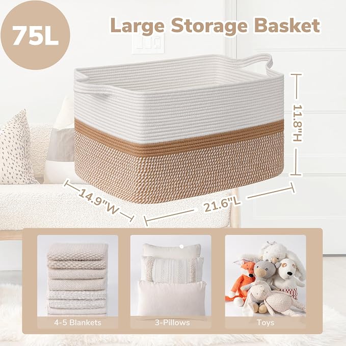Goodpick Large Woven Rope Blanket Basket, Rectangle, White & Camel Mix - Image 3