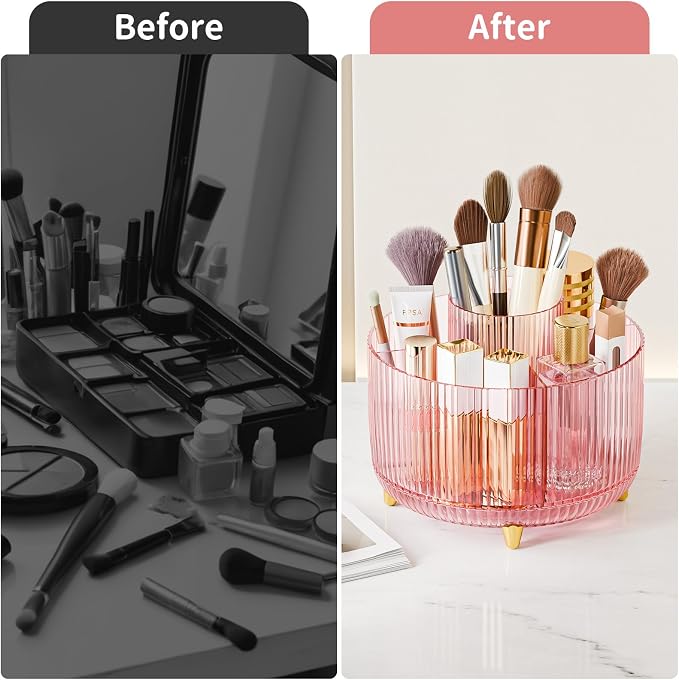 Clear Rotating Makeup Organizer Countertop for Vanity, 360° Makeup Brush Holder Organizer with 5 Compartments, Transparent Cosmetic Storage for Lipstick, Skincare, Bathroom Counter (Transparent Pink) - Image 6