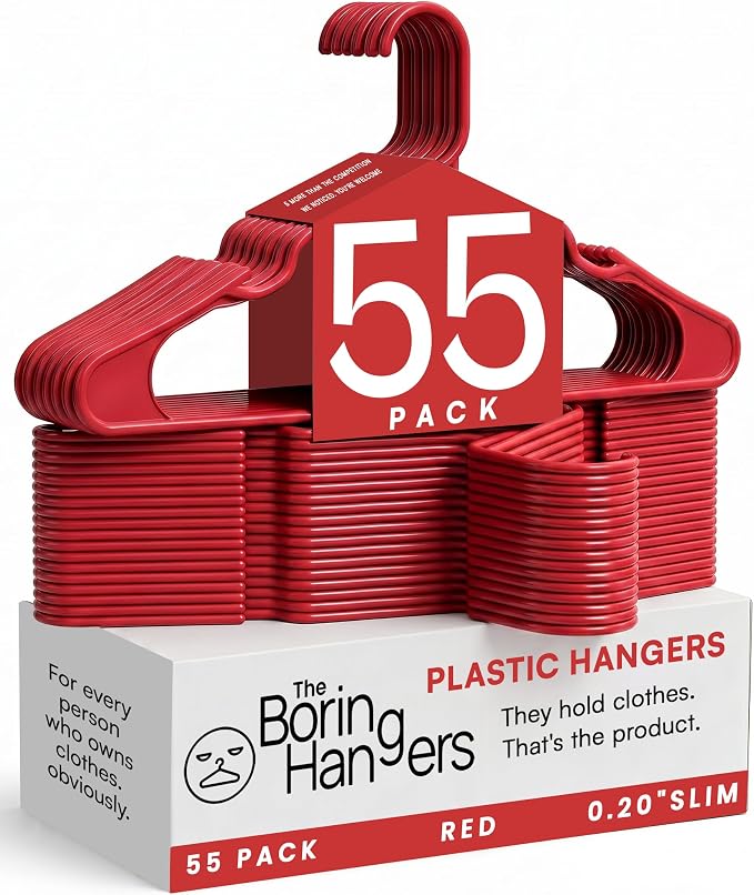 Red Plastic Hangers 55 Pack - 10 lb Heavy Duty Plastic Hangers for Closet, Plastic Coat Hangers - 0.20" Slim & Space Saving Clothing Hangers for Shirts Jackets Dresses - Bold by TheBoringHangers