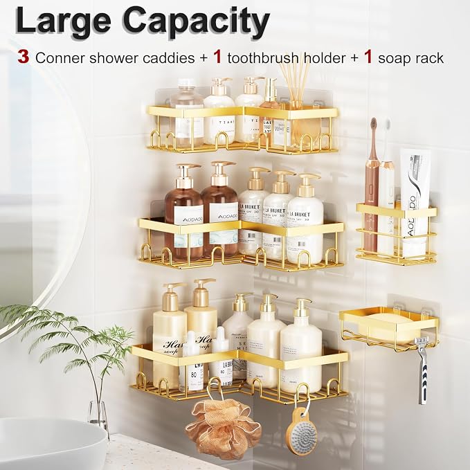 Liuoud Corner Shower Caddy, 5 Pack Adhesive Stainless Steel Organizer, Gold - Image 2