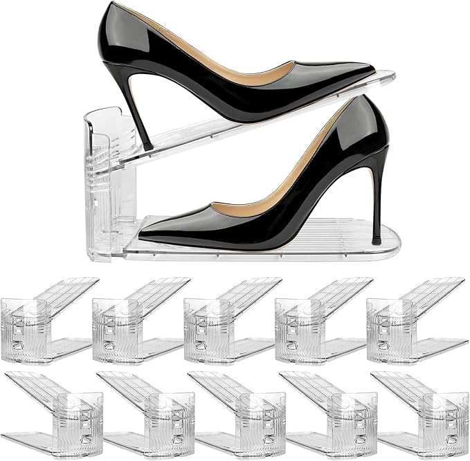 NVGSN 10Pack Clear Shoe Slot Organizer,Shoe Stacker,Storage Space Saver 50% | 3 Levels Adjustable Height 3.7''-7.7''shoe Organizer for Closet,Easy to Assemble shoe Rack Holder,Organizador de Zapatos by NVGSN
