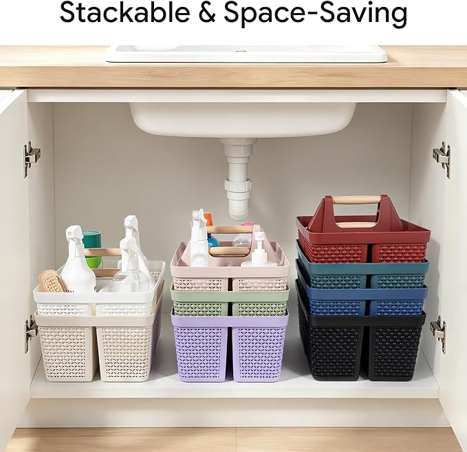 UUJOLY Portable Plastic Shower Caddy Basket with Wooden Handle, Purple - Image 5