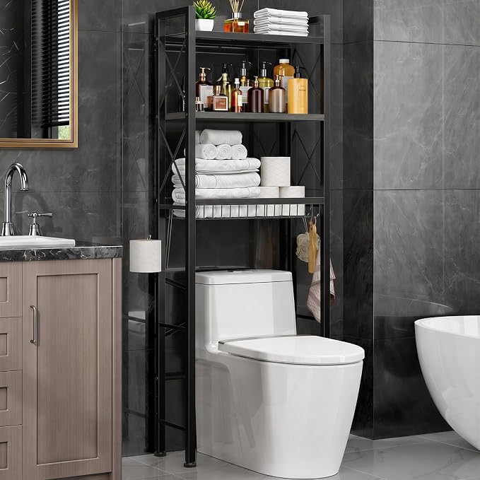 Kalrin Over The Toilet Storage with X Shape Side Guardrail, 3-Tier Over Toilet Storage Rack with Drain Basket, Freestanding Bathroom Organizer for Balcony Laundry, Oak Grey by Kalrin
