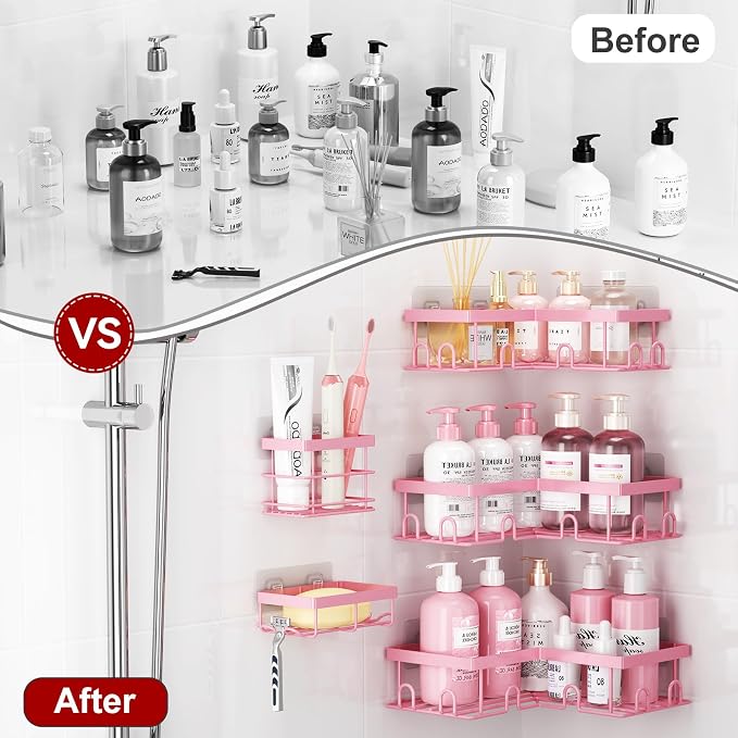 Liuoud Corner Shower Caddy, 5 Pack Adhesive Stainless Steel Organizer, Pink - Image 9