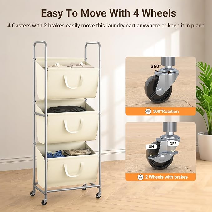 ELYKEN 3-Tier Vertical Rolling Laundry Hamper with Wheels & Removable Bags - Image 7