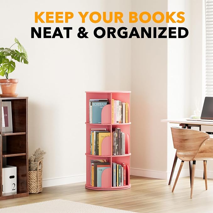SpaceAid 3 Tier Rotating Bookshelf Tower, Spinning Bookcase Lazy Susan, Revolving 360 Book Shelf Storage Round Carousel, Vertical Rotate Turning Spiral Corner Organizer, Pink - Image 6