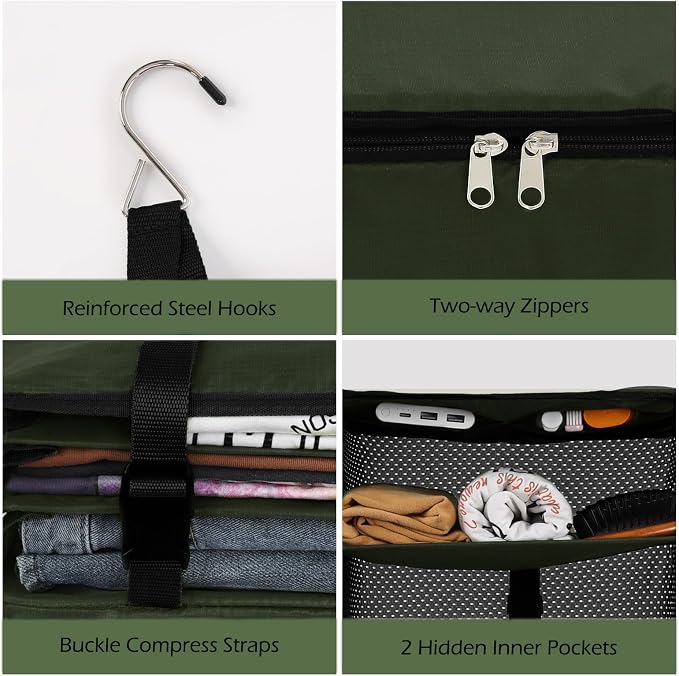 Surblue Hanging Closet Storage Bag Collapsible 3-Shelf Washable Oxford Fabric with 2 Hooks (L 11.41 * 11.41 * 19.68in, Dark Green) - Image 6