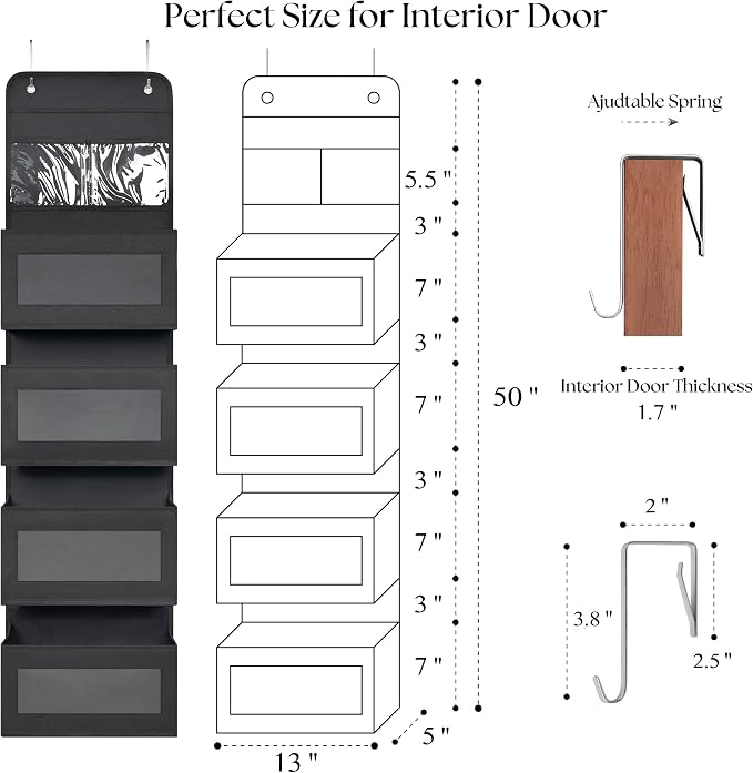 Giraffe Creation Black Over Door Organizer with 4 Large Clear Pockets, Hanging Door Storage for Closet, Bathroom, Bedroom, Dorm, Nursery, Toys, Toiletries, Cosmetics - Image 2