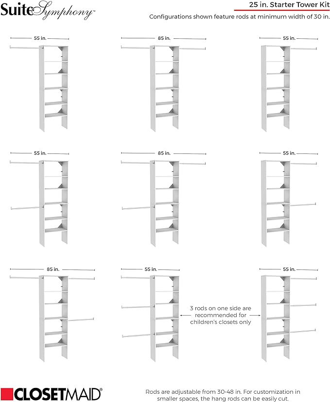 ClosetMaid SuiteSymphony Wood Closet Organizer Starter Kit with Tower and 3 Hang Rods, Shelves, Adjustable, Fits Spaces 5 – 10 ft. Wide, Natural Gray - Image 5
