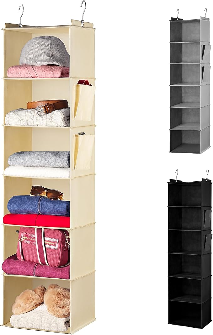 Handy Laundry Hanging Closet Organizer - 6 Shelf Storage for Clothes, Sweaters, Shoes & Accessories - Space-Saving Wardrobe Shelves with Hooks for Dorm, RV & Small Closet Organization (Beige) by Handy+Laundry