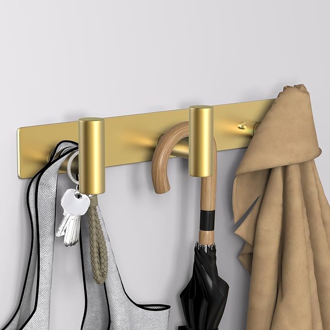 VAEHOLD Hat and Coat Wall Mount Rack - Hooks for Robes, Bags, Keys, and Towels - Bathroom Towel Hanger Organizer (Gold, “T“ Shape 3 Hooks 1 Pack) - Image 2