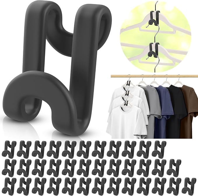 100Pcs Space Saving Hanger Hooks, Plastic Hanger Connector Hooks Black by Besslly