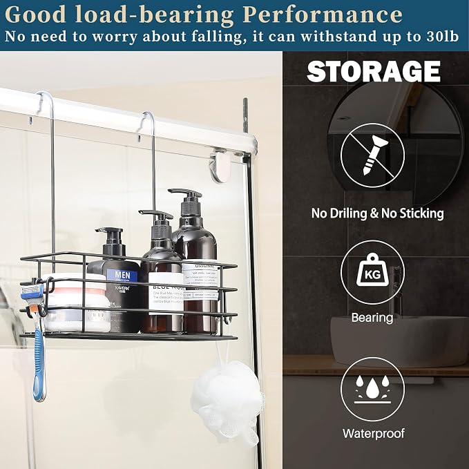 1-Tier Shower Caddy Hanging Shower Organizer Rack with Hooks Over The Door - Image 2