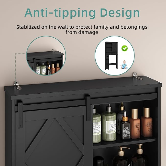 Over the Toilet Storage Cabinet with Farmhouse Sliding Barn Door, Above Toilet Organizer with Toilet Paper Holder Stand, Behind Toilet Shelf, Space Saver for Restroom, Bathroom, Laundry, Black - Image 7