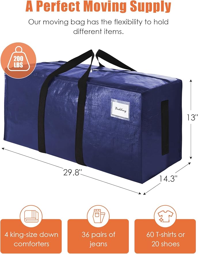 SWEET DOLPHIN 8 Pack 200LB Heavy-Duty Moving Bags with Wrap-Around Handles, Extra Large Storage Totes for Space Saving, Clothes Storage Bags, College Dorm Essentials, Blue, 24 Gal - Image 4