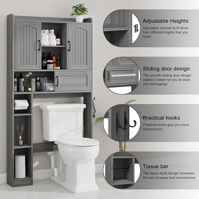 Vabches Over The Toilet Cabinet with 2 Barn Doors & Sliding Door, Grey - Image 3