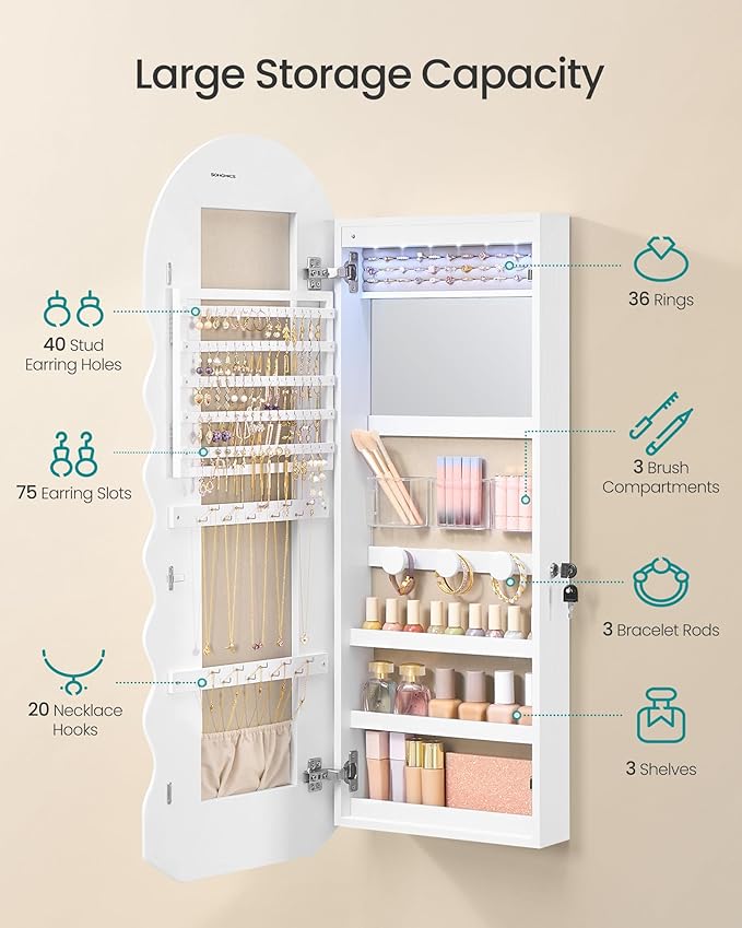 SONGMICS Wide Jewelry Organizer, Wall/Door Mounted, LED Cabinet, Lockable - Image 4