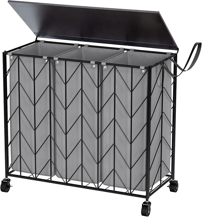 WOWLIVE Laundry Hamper 3 Section with Lid, 142L Laundry Basket with Wheels by WOWLIVE